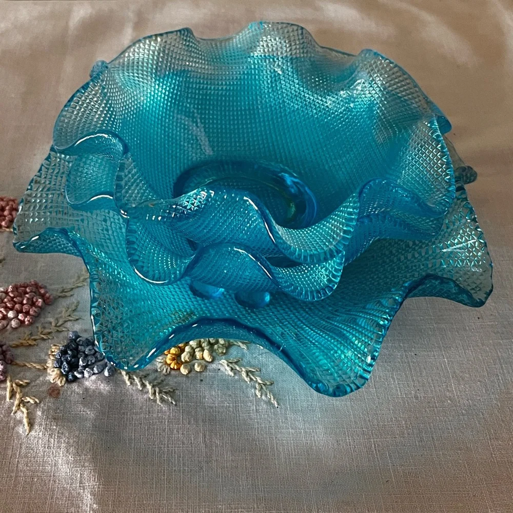 Vintage Italian Colony Waffle Ruffled Glass Dessert Bowls 1960s - Blue
